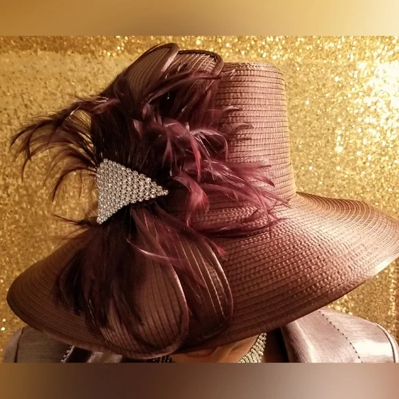 Chocolate Brown Hat with Large Feather and Beautiful Rhinestone Detail! Women main image 2